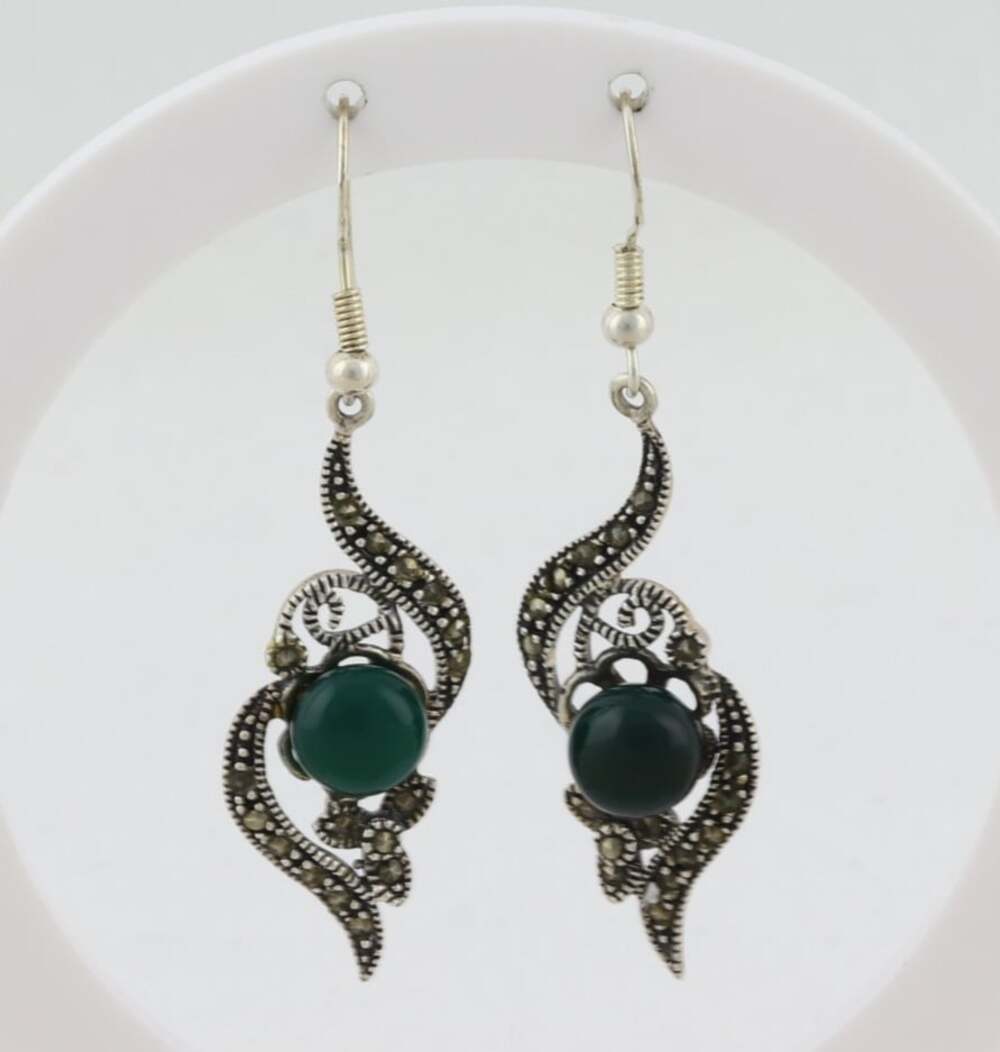 Sterling Silver Green Onyx & Marcasite Dangle Drop Earrings 2" x 1/2" inch